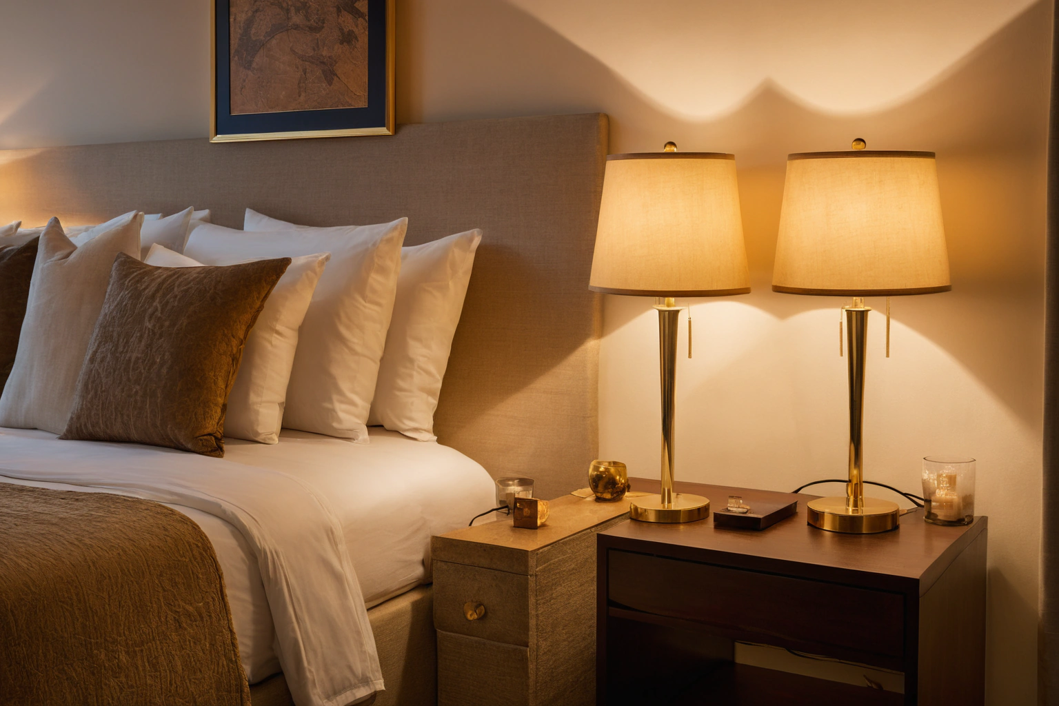 Hotel room glowing with layered evening lighting