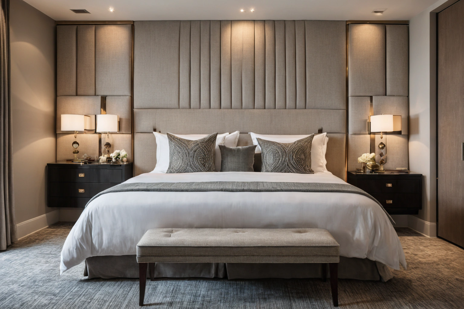 Hotel room with a memorable full-wall headboard
