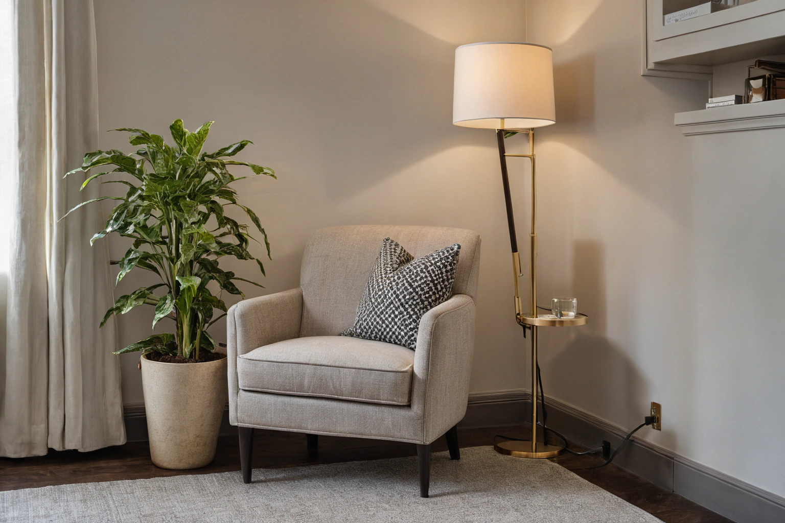 Residential-style reading corner with real books in a hotel room