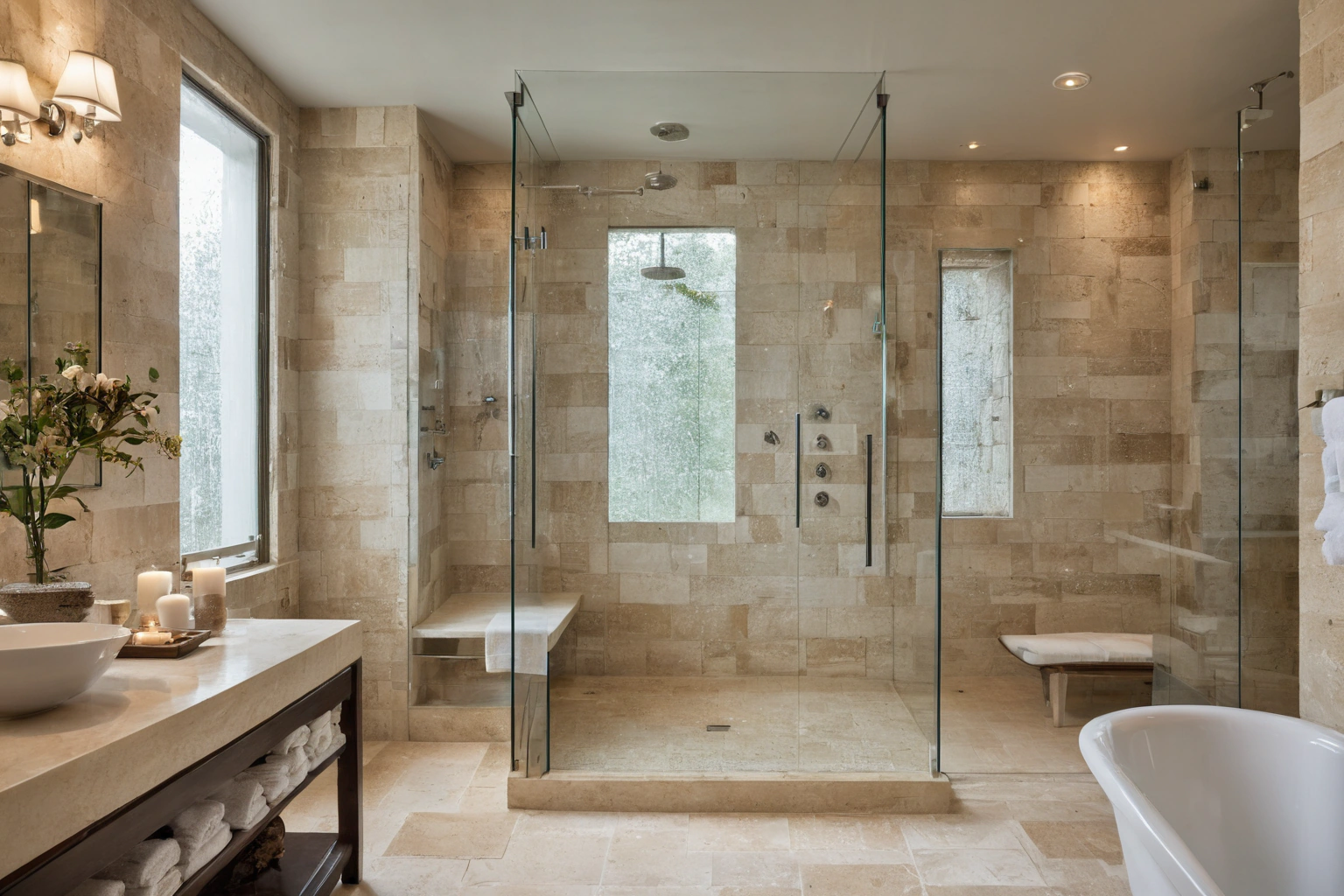 Walk-in shower with real stone in a boutique hotel bathroom
